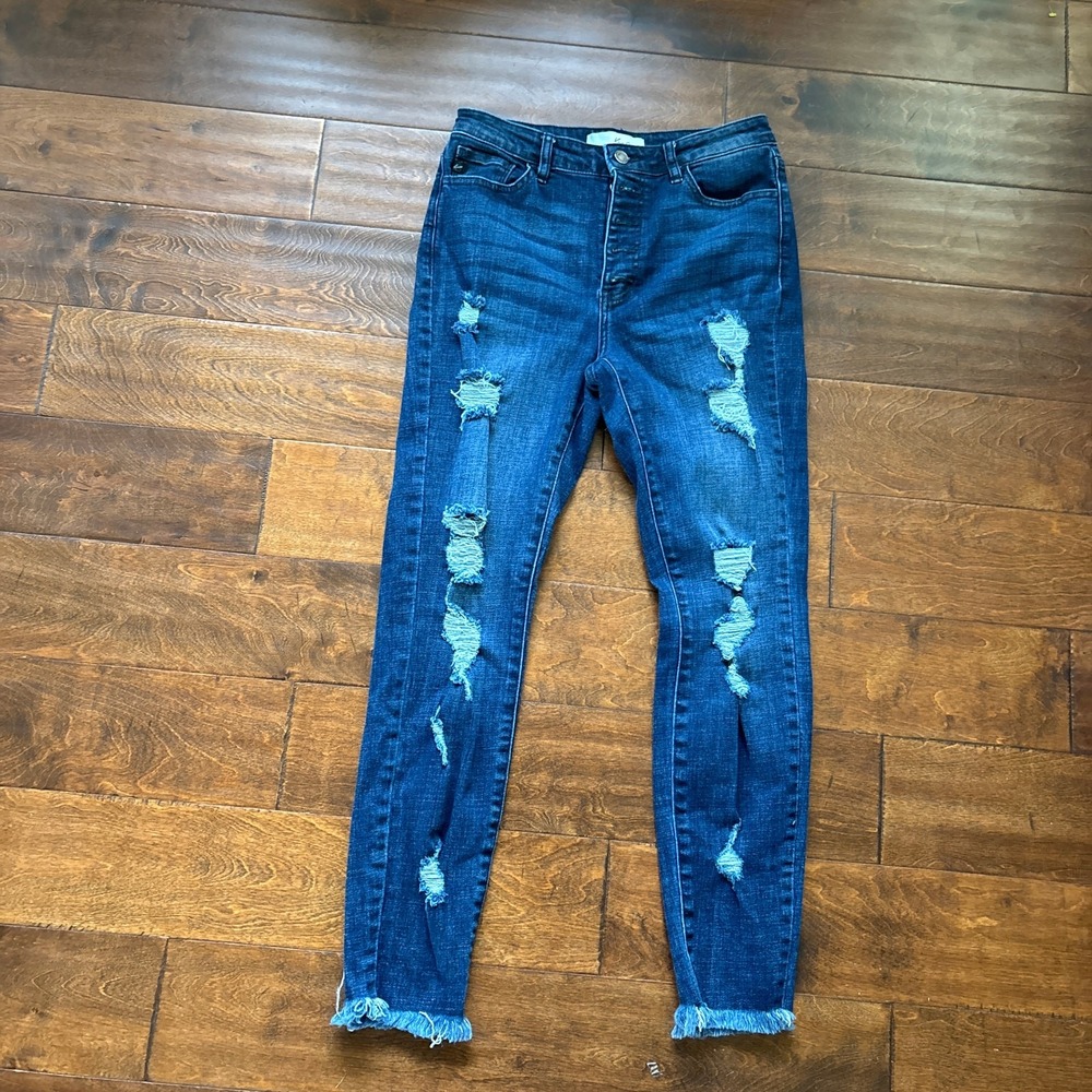 Kancan High Rise Distressed Skinny Jeans Dark Wash Stretch Blue Women's 9 28